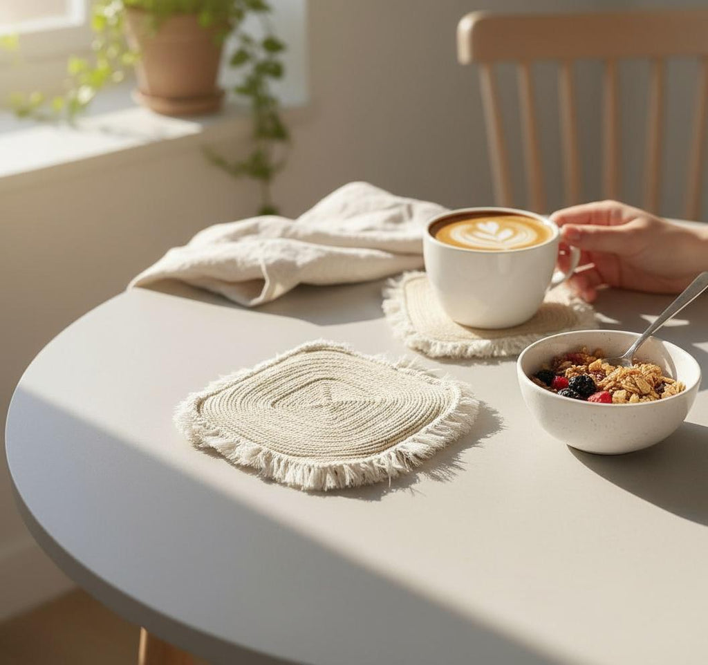 CENTRO DE MESA, MANTEL  CUADRADO CON CUERDA Y FLECOS  REF 17