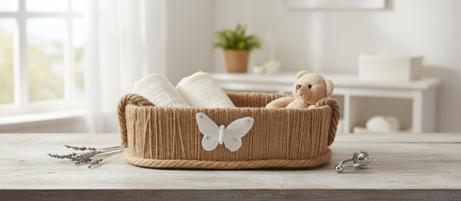 Cesta con asas detalle mariposa.Yute y tela. REF 25