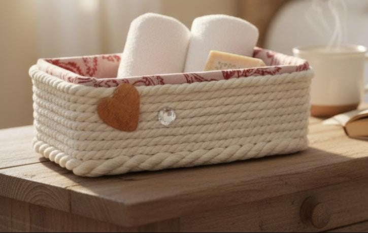 Cesta con tela malva y granate cuerda algodón. REF 26