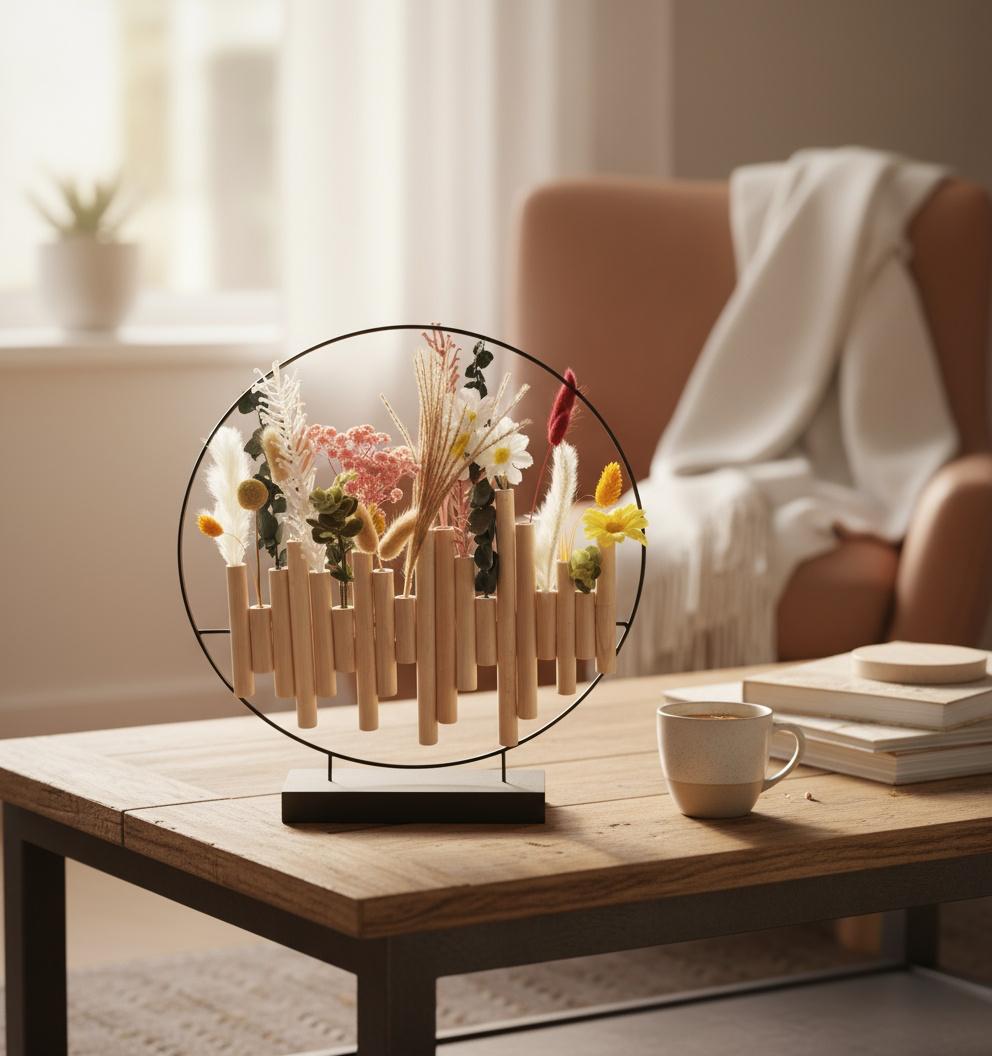 Adorno floral con soporte madera negro. Ref 4