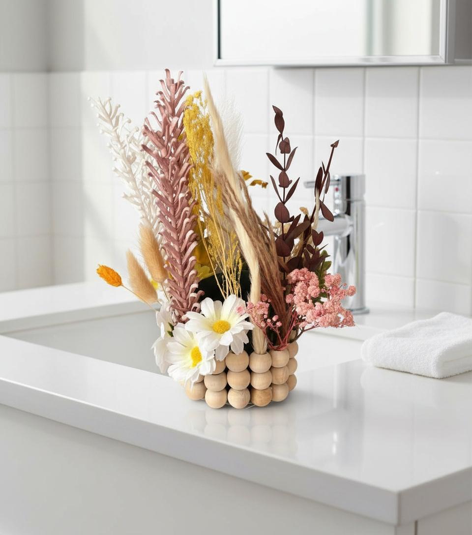 ARREGLO  FLORAL CON BASE DE MADERA REF 6