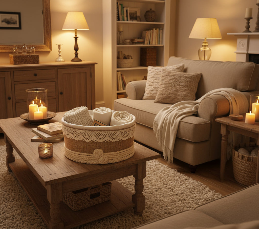 Cesta Redonda Decorativa con Forro de Tela estilo rustico. REF 50