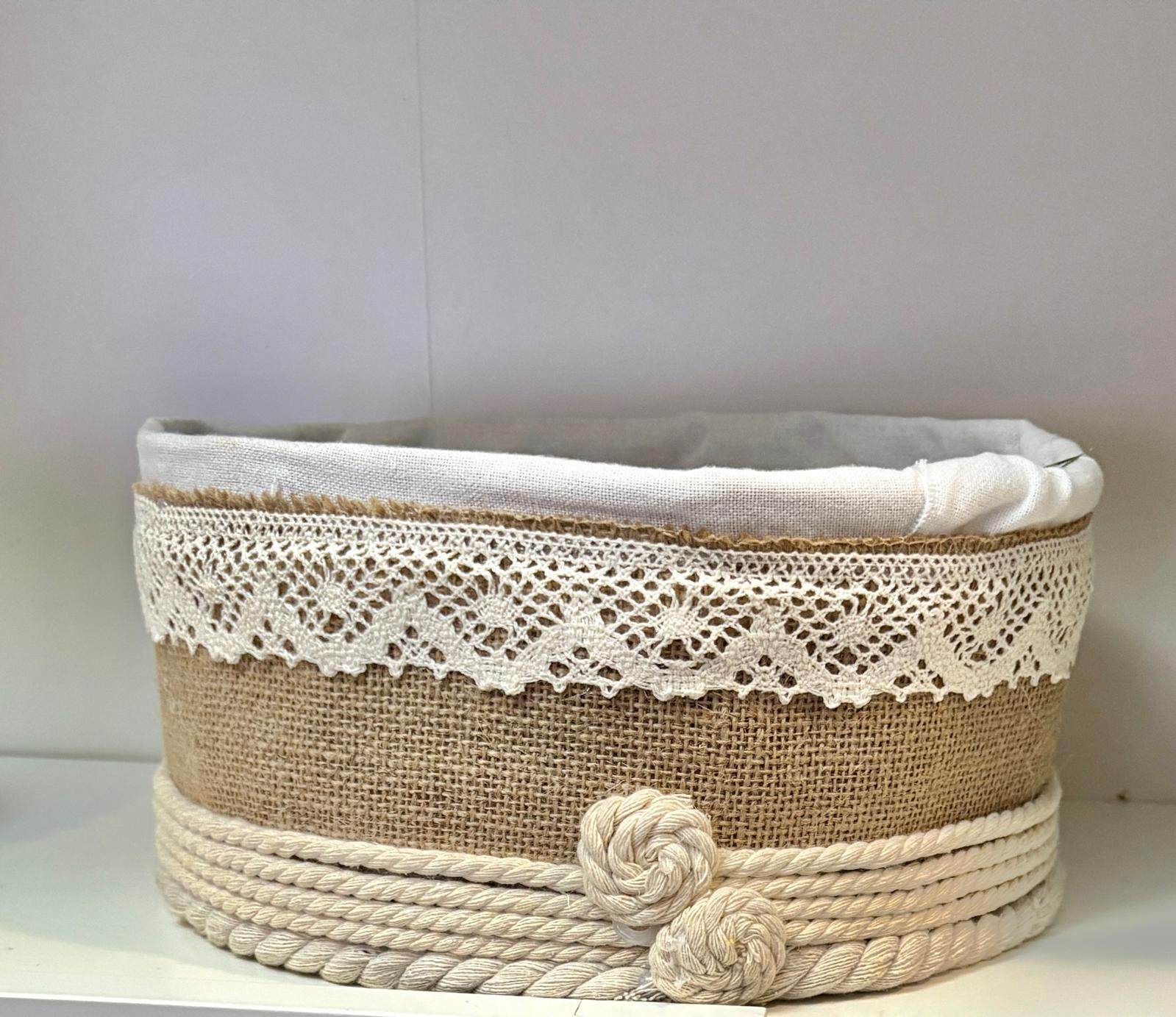 Cesta Redonda Decorativa con Forro de Tela estilo rustico. REF 09