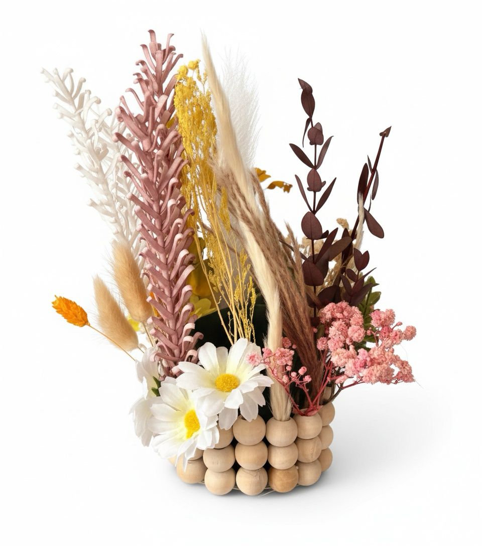 ARREGLO  FLORAL CON BASE DE MADERA REF 6