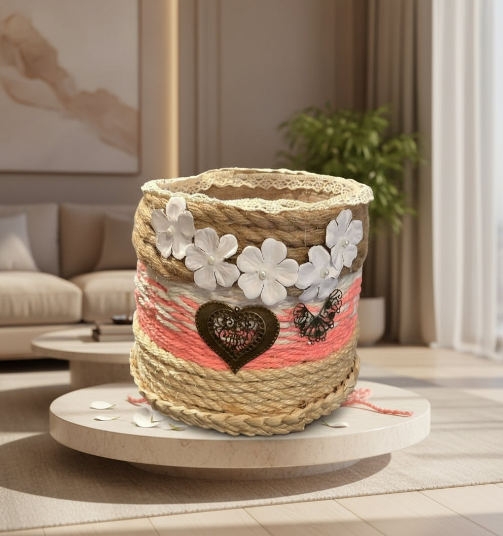 CESTA ROSA , YUTE Y MADERA REF 53