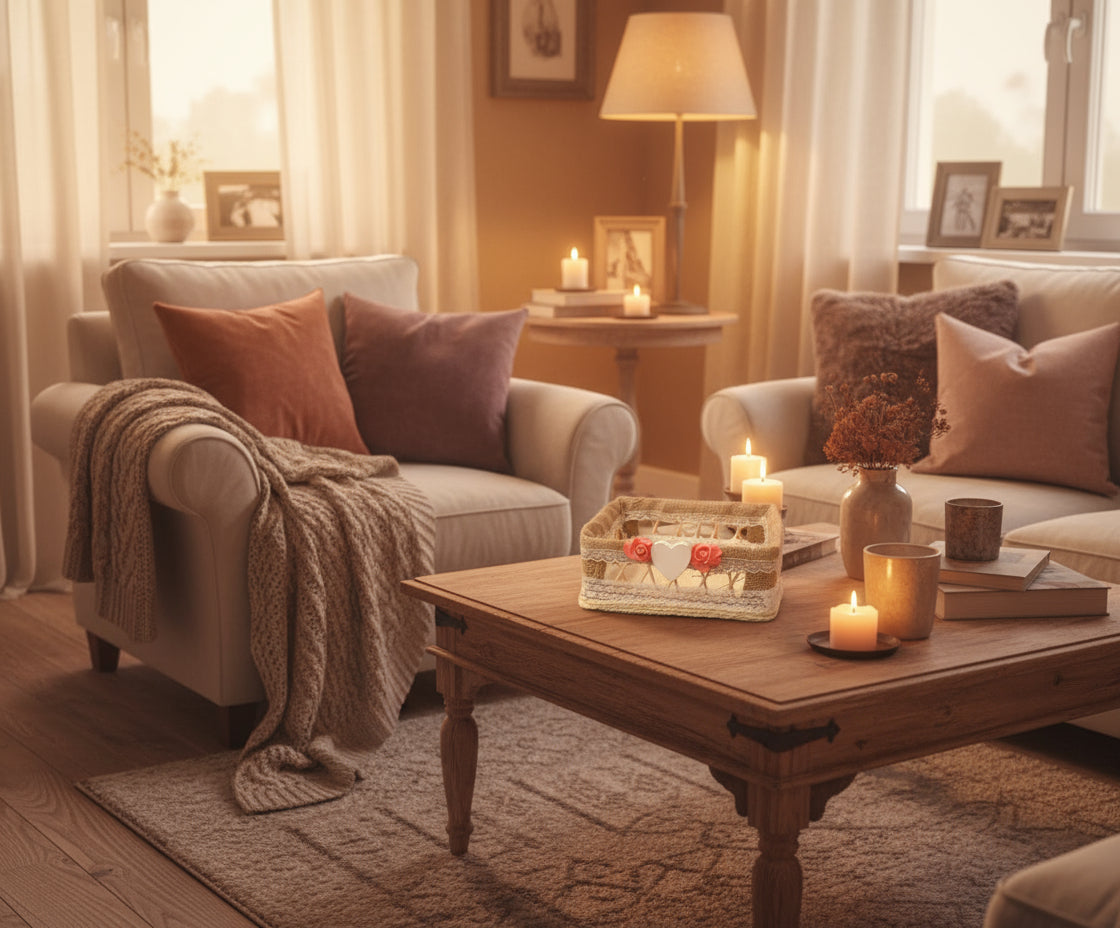 Cesta Decorativa de Mimbre detalle rosas y corazon  REF 36