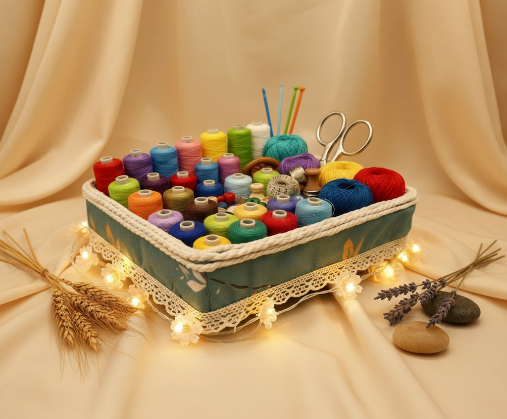 CESTA VERDE CON ENCAJE Cesta Organizadora de Hilos REF 55