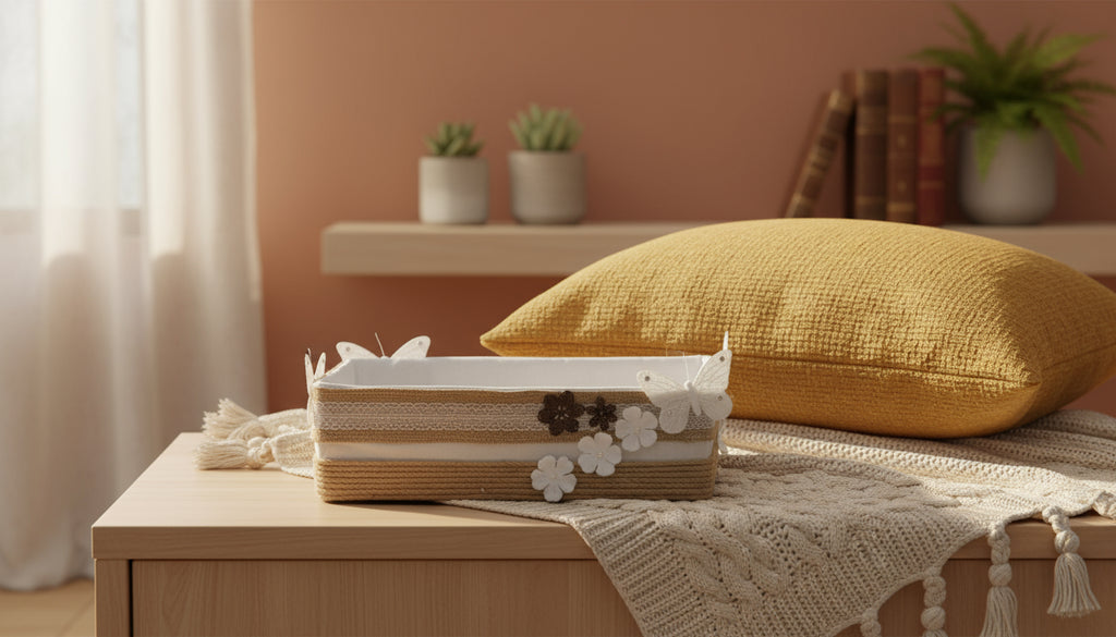 CESTA YUTE Y ENCAJE  MARIPOSA Y FLORES REF 58