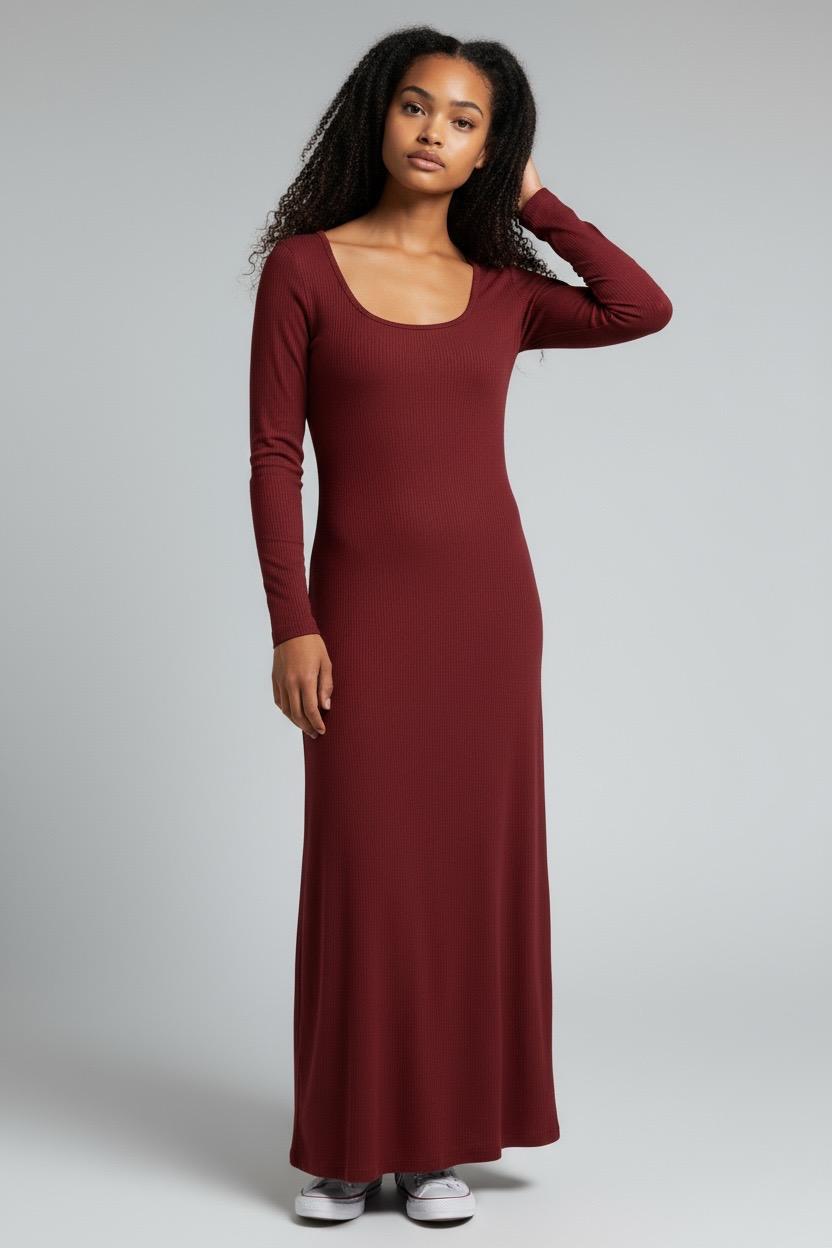 VESTIDO GRANATE LARGO MANGO